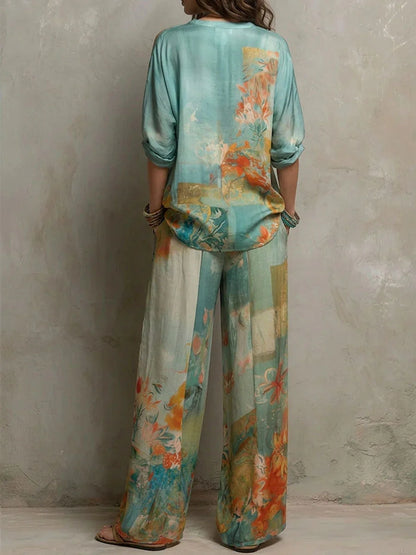 Chiara | Elegante conjunto estampado floral con pantalón de pierna ancha
