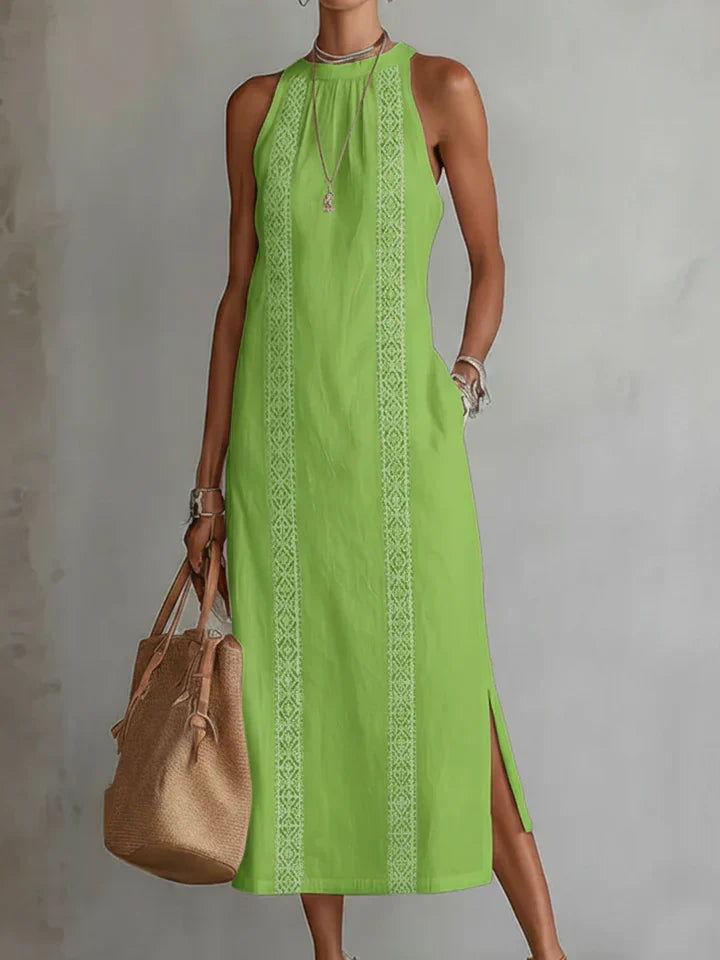 Jimena | Vestido midi de lino con cuello Mao
