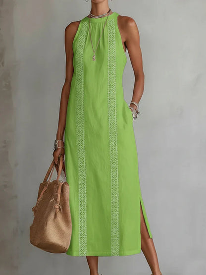 Jimena | Vestido midi de lino con cuello Mao