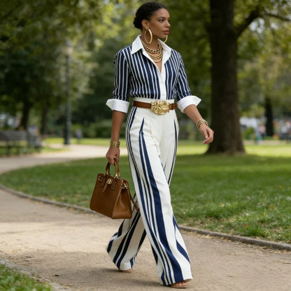 Sol - Conjunto de camisa de rayas y pantalón ancho para mujer