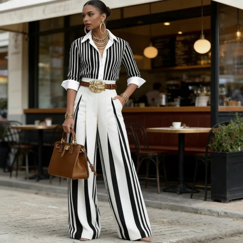 Sol - Conjunto de camisa de rayas y pantalón ancho para mujer